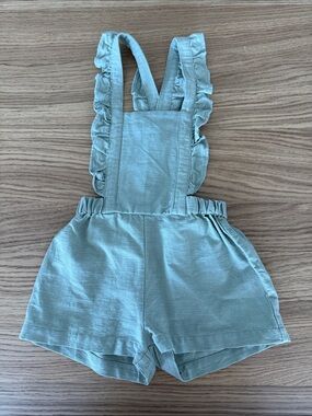 Lililotte- Ruffled Strap Short Overalls in Sage Green - linen